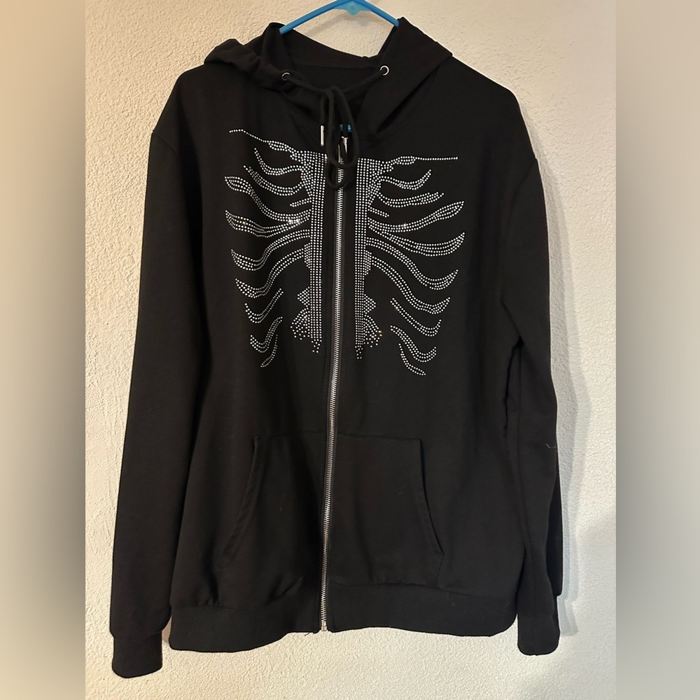 Gothic Black Women Rhinestone Ribcage Embellished Design Zip Up Hoodie Size L